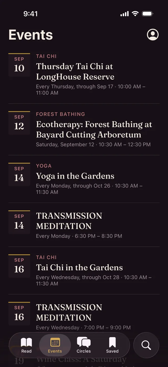 The events tab in dark mode, listing upcoming Long Island gatherings by date with their times.