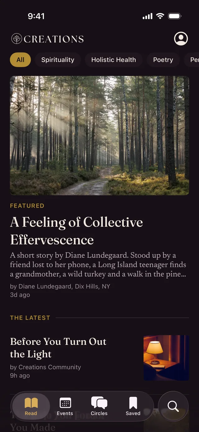 The Creations Magazine app open on the reading tab in dark mode, showing the featured story with its photograph and the latest pieces below.